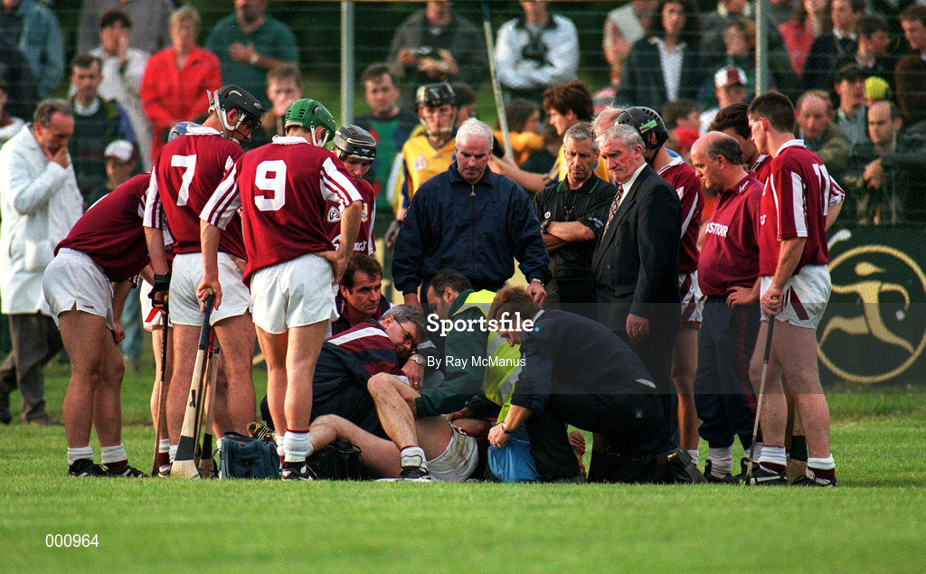 12 July 1997; Medical officers assist Joe Rabbitte of Galway during the GAA Connacht Senior Hurling Championship Final match between Roscommon and Galway at Athleague in Roscommon. Photo by Ray McManus/Sportsfile