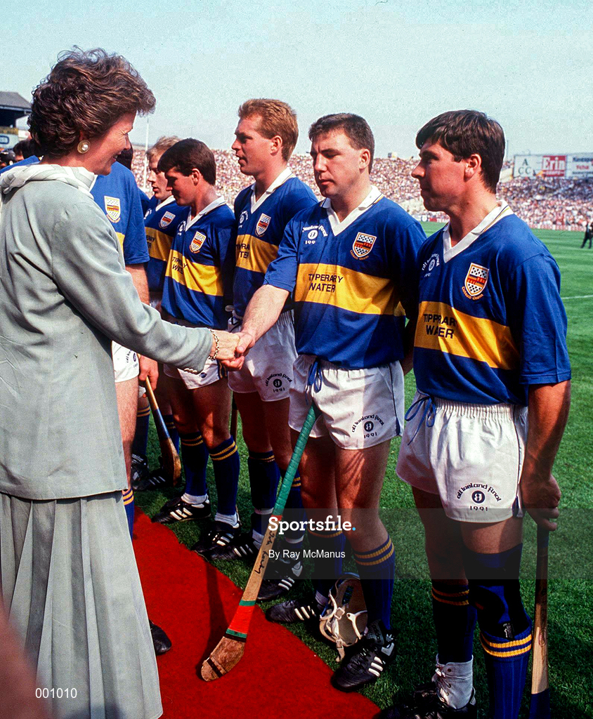 1 September 1991; John Leahy of Tipperary meets President Mary Robinson prior to the All-Ireland Senior Hurling Final match between Tipperary and Kilkenny at Croke Park in Dublin. Photo by Ray McManus/Sportsfile