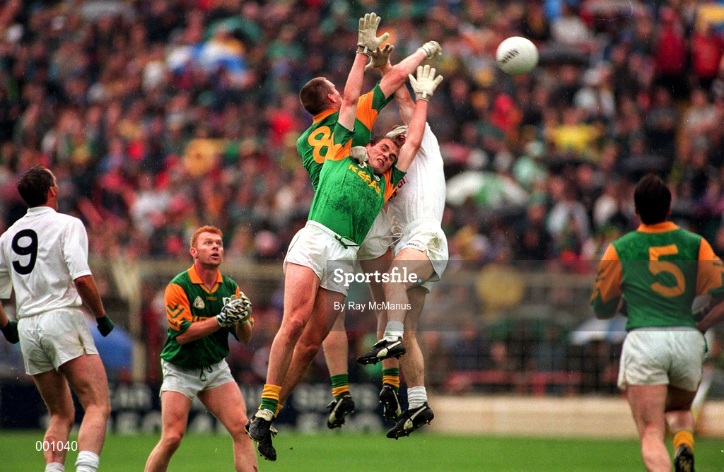 3 August 1997; John McDermott of Meath in action against Jimmy McGuinness and Declan Kerrigan of Kildare, while, from left, Willie McCreery, 9, of Kildare, Enda McManus and Colm Coyle, 5, of Meath look on during the Leinster GAA Senior Football Championship Semi-Final Second Replay match between Meath and Kildare at Croke Park in Dublin. Photo by Ray McManus/Sportsfile