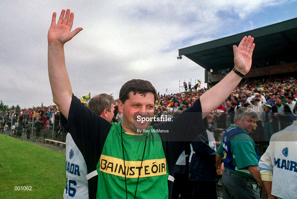 24 July 1994; Leitrim manager John O'Mahony celebrates after the Bank of Ireland Connacht Senior Football Championship Final match between Leitrim and Mayo at Dr Hyde Park in Roscommon. Photo by Ray McManus/Sportsfile