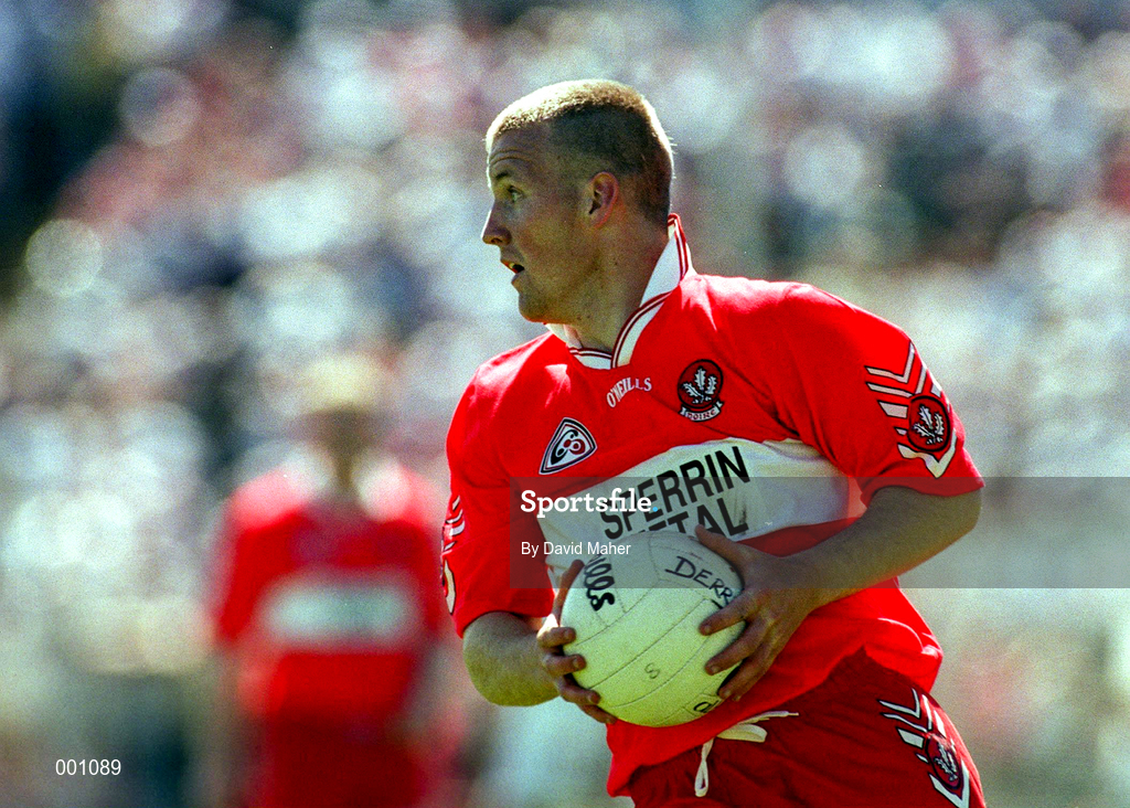 29 June 1997; Johnny McBride of Derry during the Ulster GAA Football Senior Championship Semi-Final match between Tyrone and Derry at St. Tiernach's Park in Clones, Monaghan. Photo by David Maher/Sportsfile