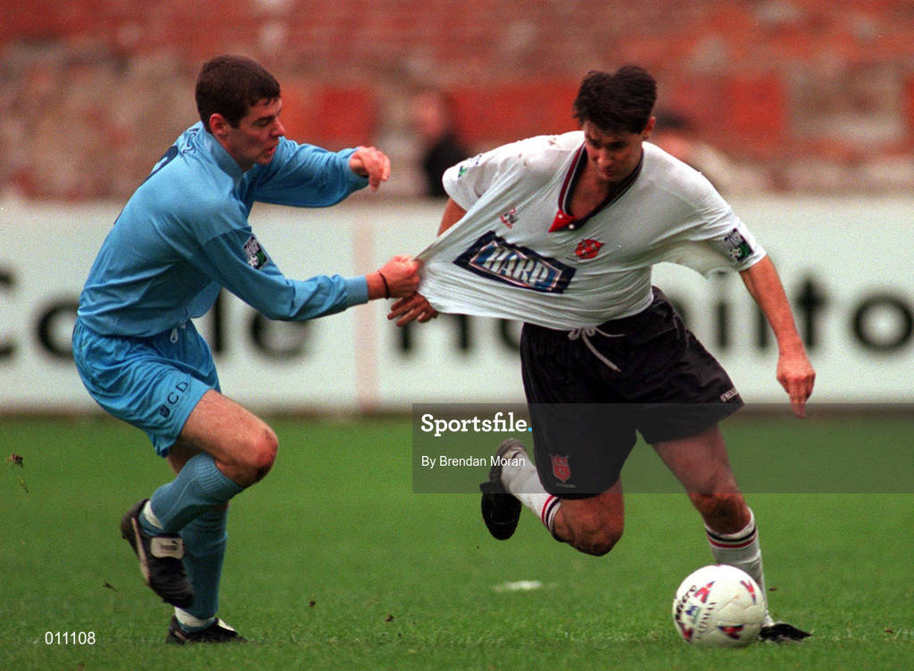 27 October 1996; Brian Byrne of Dundalk in action against Eamonn McLoughlin of UCD during the Harp Lager National League Premier Division match between Dundalk and UCD at Oriel Park in Dundalk, Louth. Photo by Brendan Moran/Sportsfile