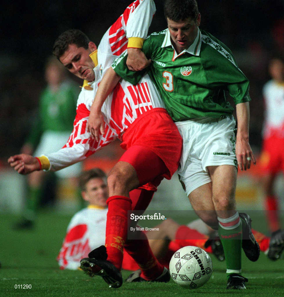 9 October 1996; Denis Irwin of Republic of Ireland during the FIFA World Cup 1998 Group 8 Qualifier between Republic of Ireland and Macedonia at Lansdowne Road in Dublin. Photo by Matt Browne/Sportsfile