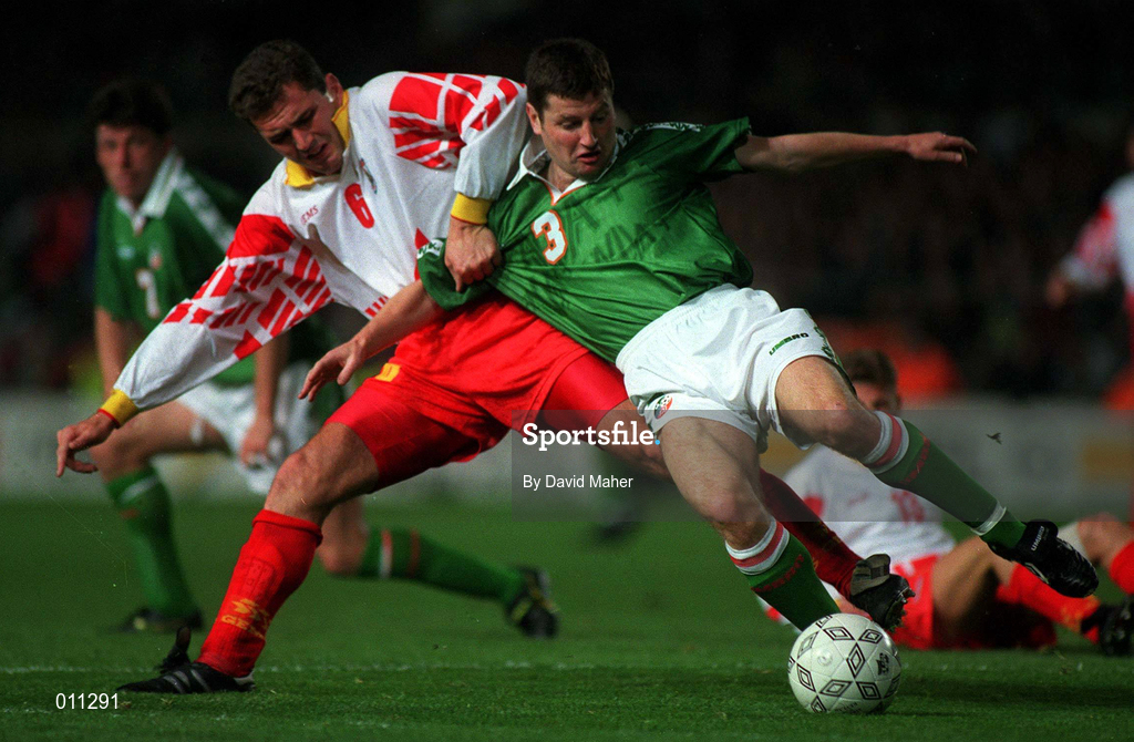 9 October 1996; Denis Irwin of Republic of Ireland in action against Zoran Jovanovski of Macedonia during the FIFA World Cup 1998 Group 8 Qualifier between Republic of Ireland and Macedonia at Lansdowne Road in Dublin. Photo by David Maher/Sportsfile