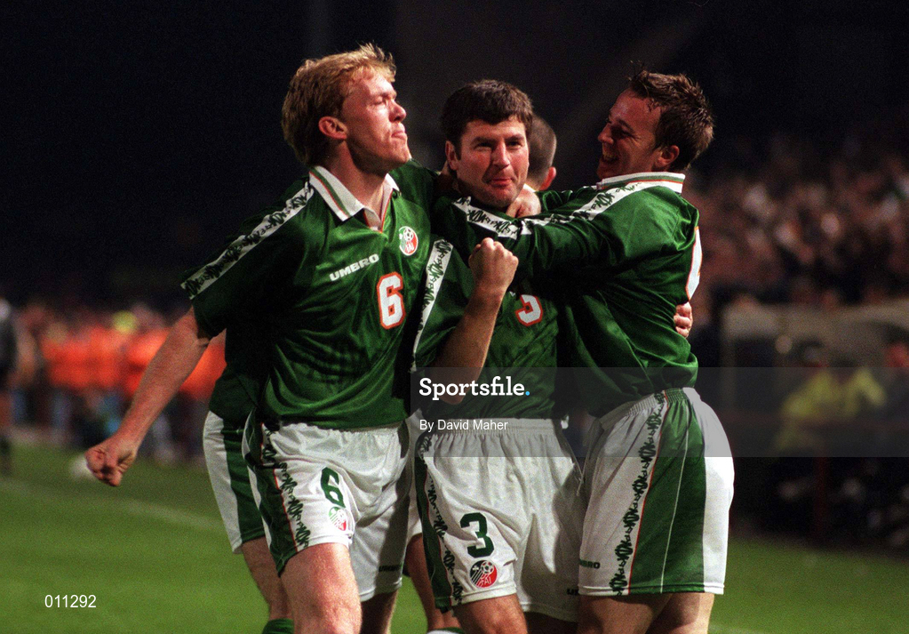 29 October 1997; Denis Irwin of Republic of Ireland celebrates after scoring his side's first goal with team-mates Steve Staunton, left, and David Connelly, right, during the FIFA World Cup 1998 Qualifier Play-off 1st Leg between Republic of Ireland and Belgium at Lansdowne Road in Dublin. Photo by David Maher/Sportsfile