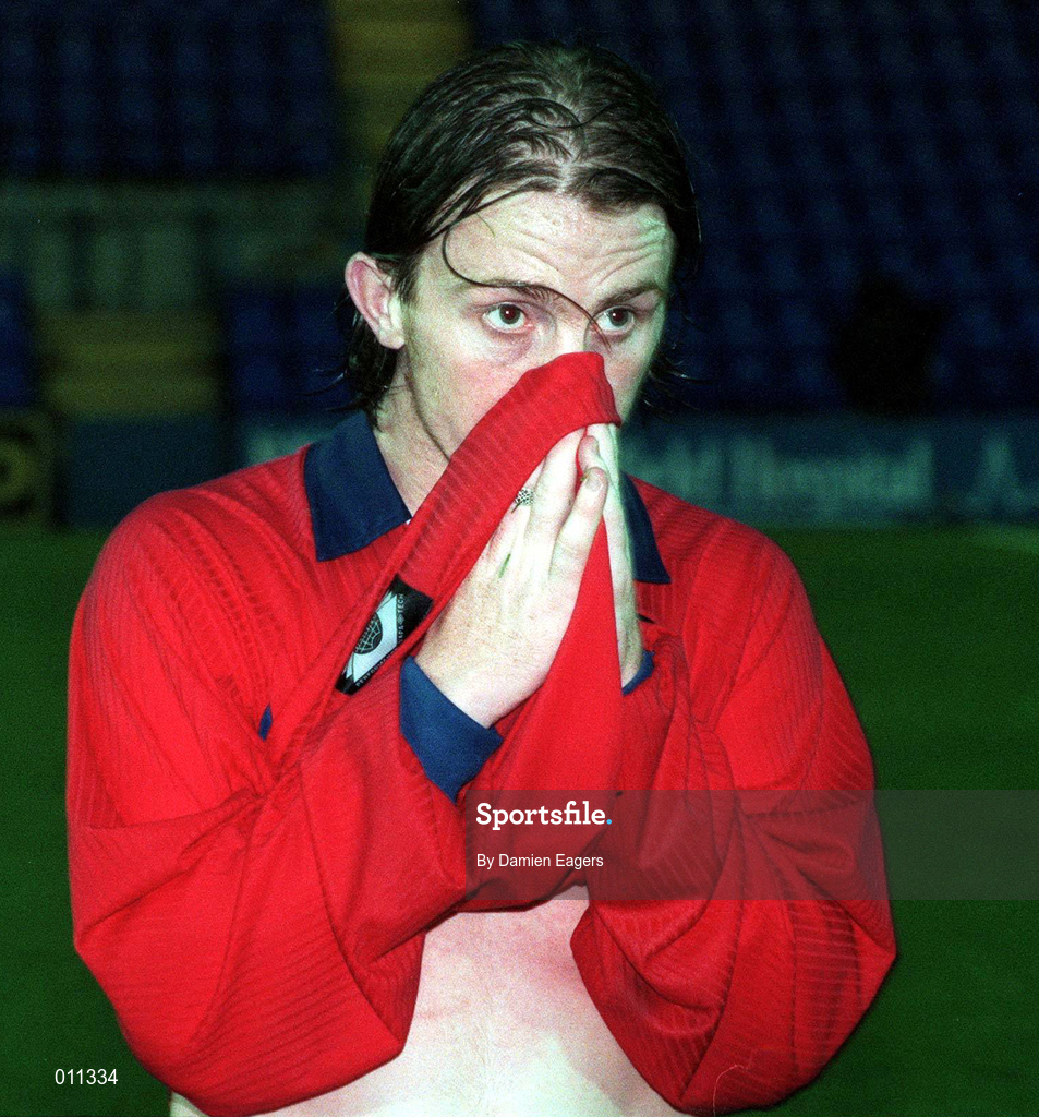 22 July 1998; Dessie Baker of Shelbourne reacts following the UEFA Cup First Qualifying Round 2nd Leg between Shelbourne and Rangers at Prenton Park in Birkenhead, Liverpool. Photo by Damien Eagers/Sportsfile