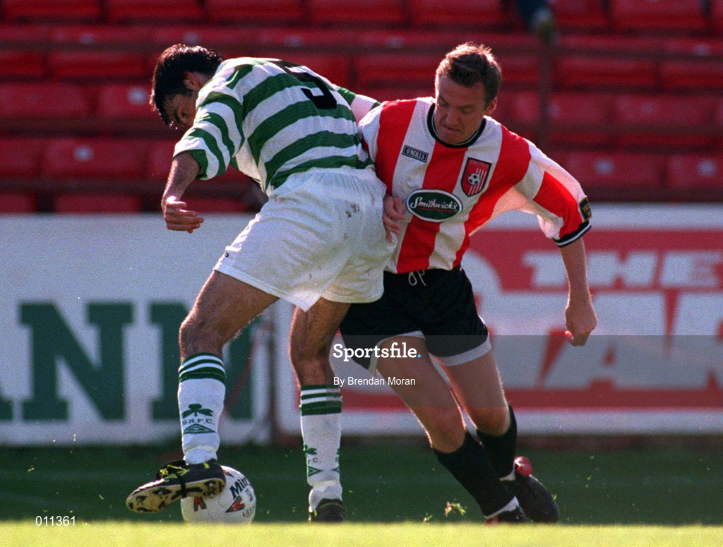 20 September 1998; Eddie McCallian of Derry City during the Harp Lager National League Premier Division match between Shamrock Rovers and Derry City at Tolka Park in Dublin. Photo by Brendan Moran/Sportsfile