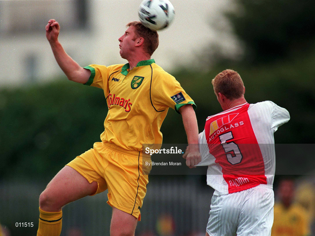 18 July 1998; Iwan Roberts of Norwich City in action against Stephen McGuinness of St. Patrick's Athletic during the Club Friendly between St. Patrick's Athletic and Norwich City at Richmond Park in Dublin. Photo by Brendan Moran/Sportsfile