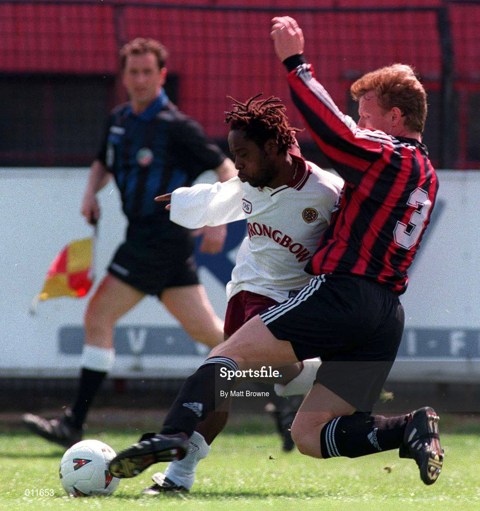 12 July 1998; Jose Quitongo of Hearts is tackled by Eoin Mullen of Bohemians during the Club Friendly between Bohemians and Hearts at Dalymount Park in Dublin. Photo by Matt Browne/Sportsfile