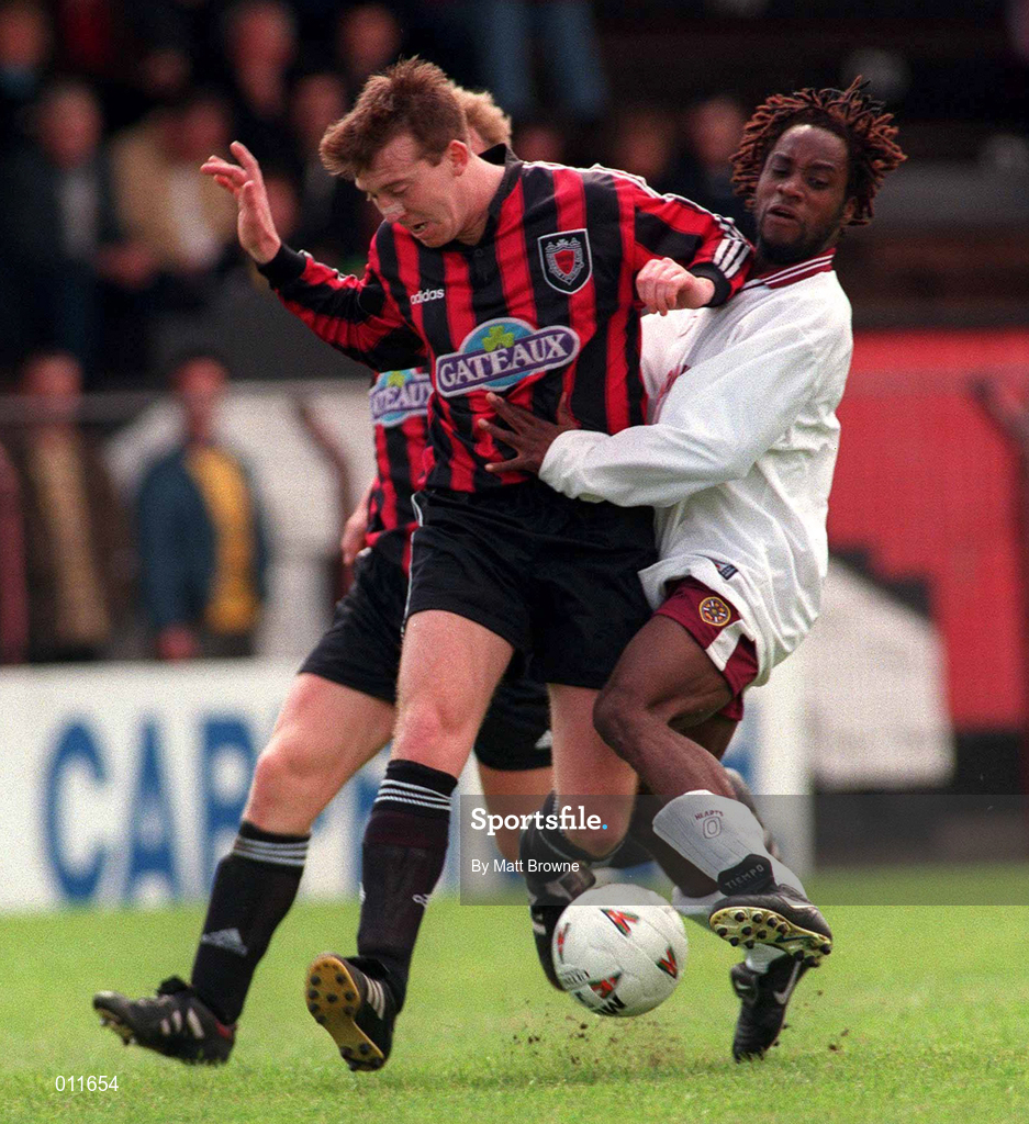 12 July 1998; Jose Quitongo of Hearts in action against Donal Broughan of Bohemians during the Club Friendly between Bohemians and Hearts at Dalymount Park in Dublin. Photo by Matt Browne/Sportsfile