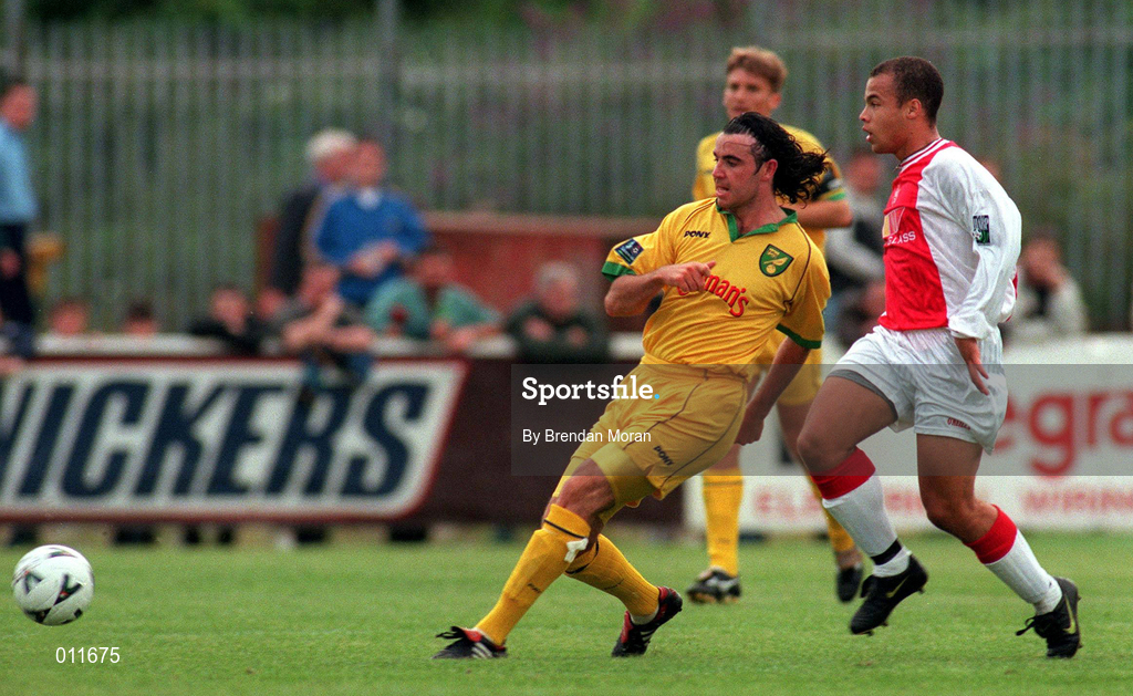 18 July 1998; Keith O'Neill of Norwich City in action against Jeff Clarke of St. Patrick's Athletic during the Club Friendly between St. Patrick's Athletic and Norwich City at Richmond Park in Dublin. Photo by Brendan Moran/Sportsfile