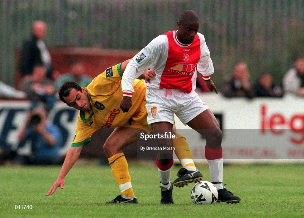 18 July 1998; Leon Braithwaite of St. Patrick's Athletic in action against Craig Fleming of Norwich City during the Club Friendly between St. Patrick's Athletic and Norwich City at Richmond Park in Dublin. Photo by Brendan Moran/Sportsfile