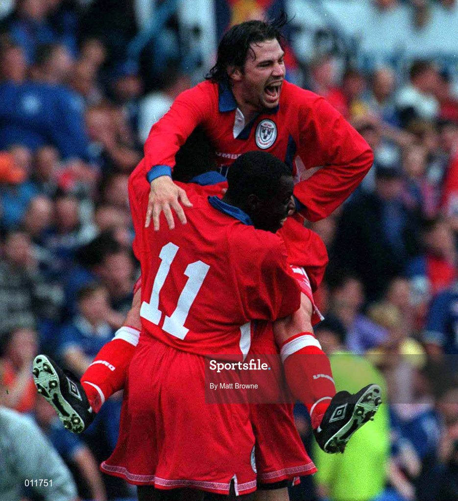 22 July 1998; Liam Kelly of Shelbourne celebrates with team-mate Mark Rutherford, 11, after his side's first goal, an own goal scored by Sergio Porrini of Rangers, during the UEFA Cup First Qualifying Round 2nd Leg between Shelbourne and Rangers at Prenton Park in Birkenhead, Liverpool. Photo by Matt Browne/Sportsfile