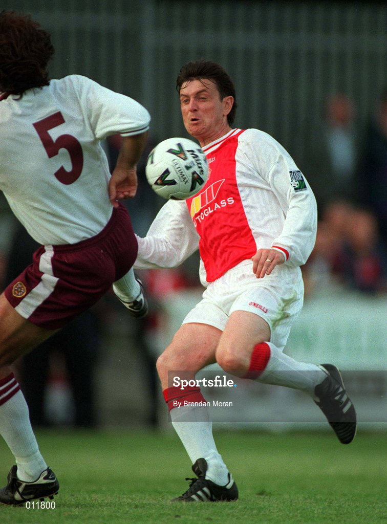 14 July 1998; Martin Russell of St. Patrick's Athletic in action against Stefano Salvatori of Hearts during the Club Friendly between St. Patrick's Athletic and Hearts at Richmond Park in Dublin. Photo by Brendan Moran/Sportsfile
