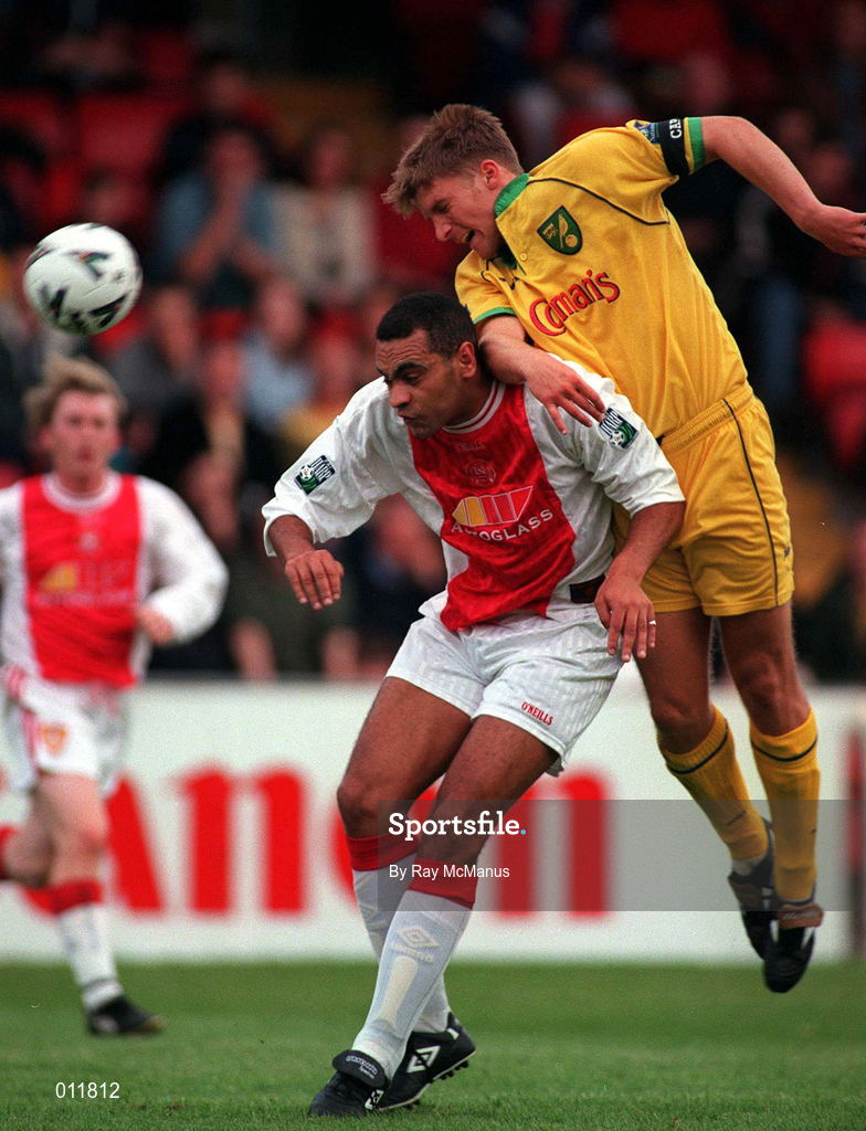 18 July 1998; Paul Osam of St. Patrick's Athletic in action against Matt Jackson of Norwich City during the Club Friendly between St. Patrick's Athletic and Norwich City at Richmond Park in Dublin. Photo by Ray McManus/Sportsfile