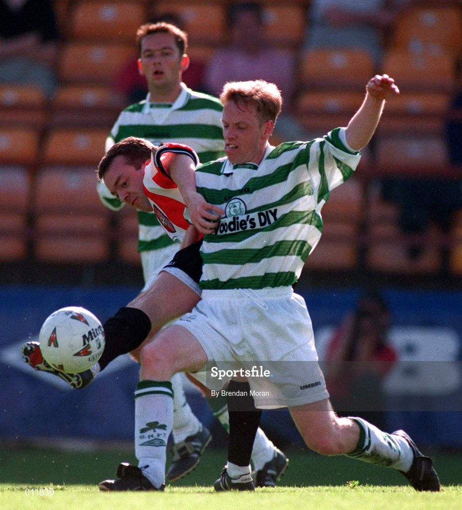 20 September 1998; Michael McHugh of Derry City in action against Gino Brazil of Shamrock Rovers during the Harp Lager National League Premier Division match between Shamrock Rovers and Derry City at Tolka Park in Dublin. Photo by Brendan Moran/Sportsfile