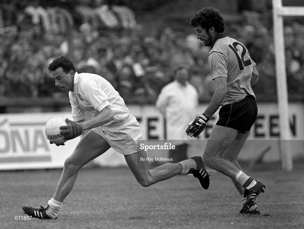 5 June 1989; Mick Moynihan of Kildare in action against Ciaran Duff of Dublin during the Leinster Senior Football Championship Quarter-Final match between Dublin and Kildare at St. Conleth's Park in Newbridge, Kildare. Photo by Ray McManus/Sportsfile