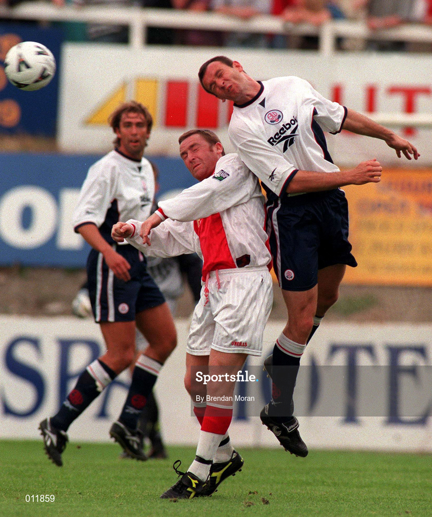 25 July 1998; Mike Whitlow of Bolton Wanderers in action against Jason Byrne of St. Patrick's Athletic during the Club Friendly between St. Patrick's Athletic and Bolton Wanderers at Richmond Park in Dublin. Photo by Brendan Moran/Sportsfile