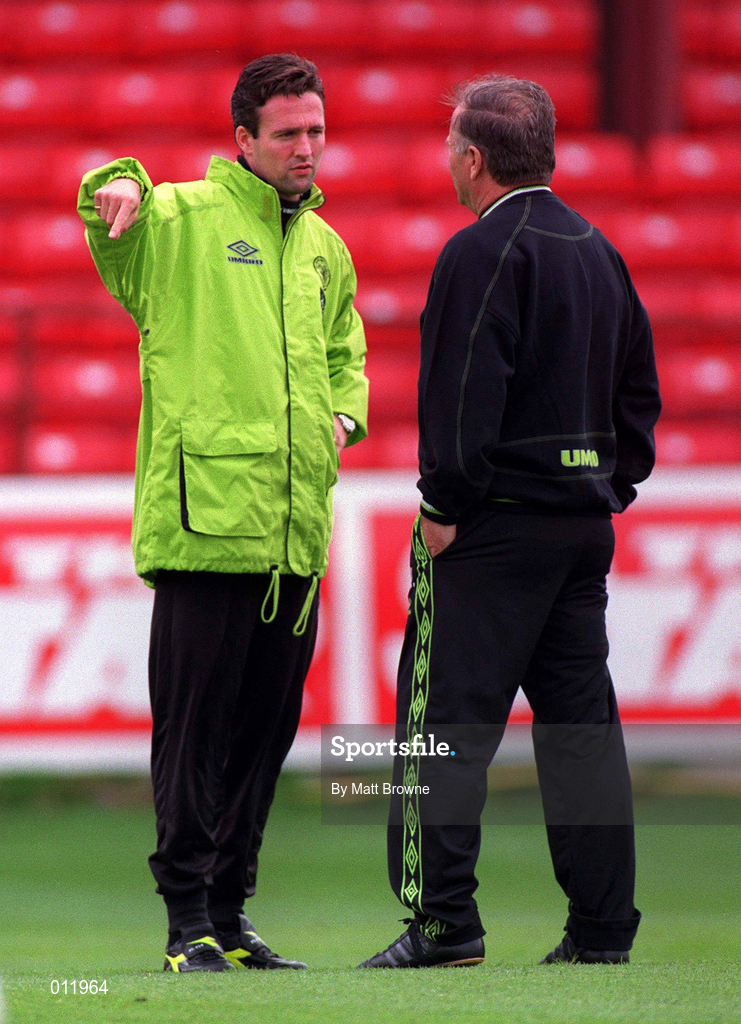 28 July 1998; Paul Lambert, left, in conversation with manager Dr Jozef Venglos during a Celtic Training Session at Tolka Park in Dublin. Photo by Matt Browne/Sportsfile
