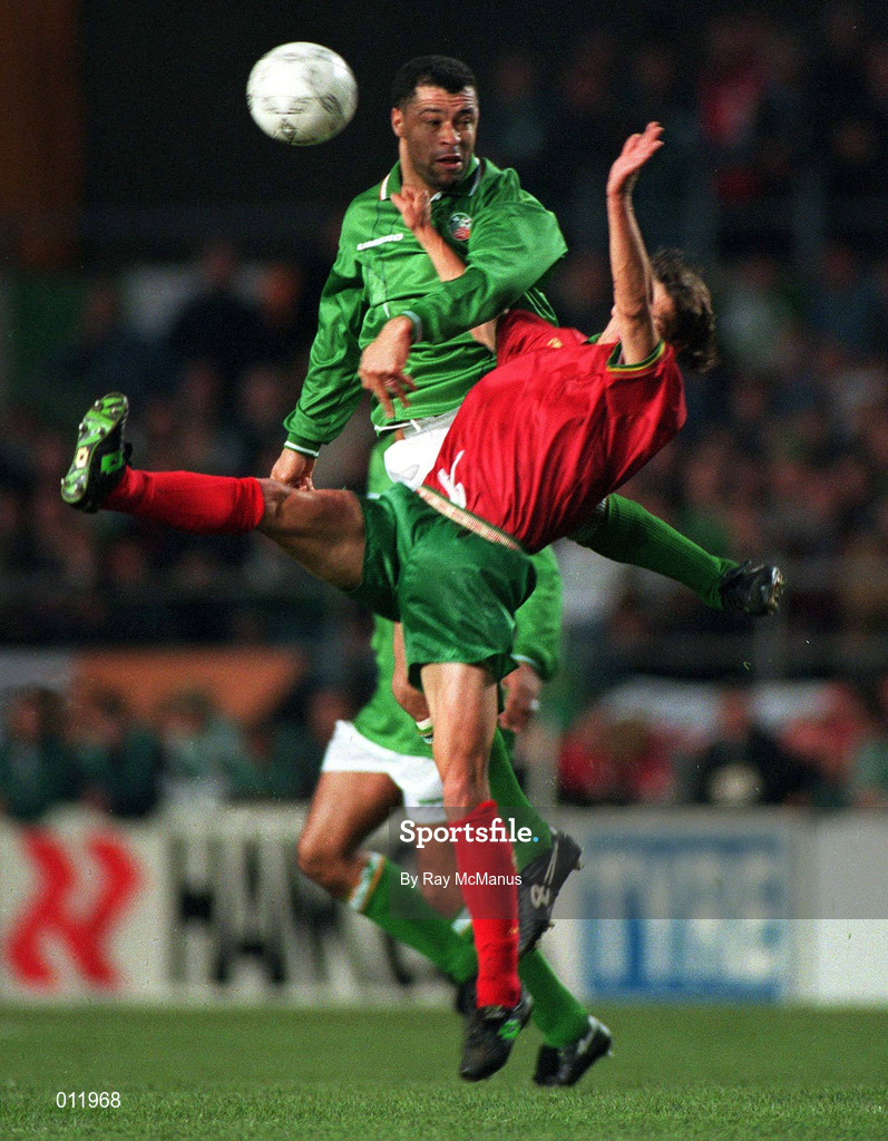 26 April 1995; Paul McGrath of Republic of Ireland in action against Portugal during the UEFA EURO1996 Qualifier Group 6 match between Republic of Ireland and Portugal at Lansdowne Road in Dublin. Photo by Ray McManus/Sportsfile