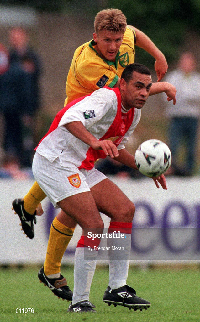 18 July 1998; Paul Osam of St. Patrick's Athletic in action against Matt Jackson of Norwich City during the Club Friendly between St. Patrick's Athletic and Norwich City at Richmond Park in Dublin. Photo by Brendan Moran/Sportsfile