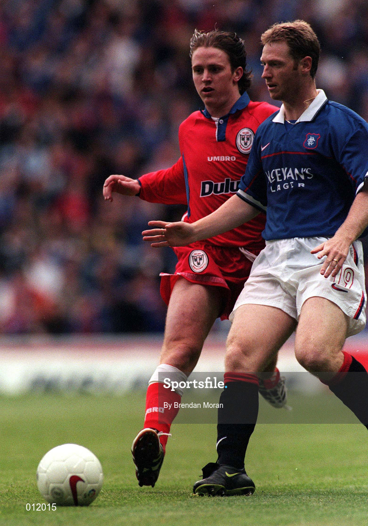 29 July 1998; Dessie Baker of Shelbourne in action against Craig Moore of Rangers during the UEFA Cup First Qualifying Round 2nd Leg between Rangers and Shelbourne at Ibrox Stadium in Glasgow, Scotland. Photo by Brendan Moran/Sportsfile