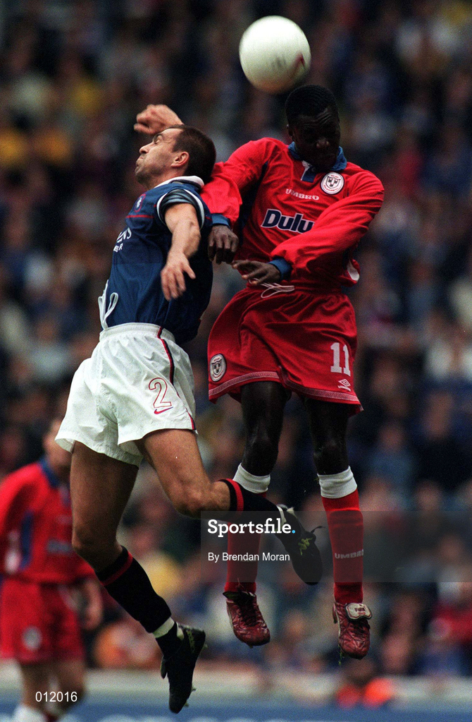29 July 1998; Mark Rutherford of Shelbourne in action against Sergio Porrini of Rangers during the UEFA Cup First Qualifying Round 2nd Leg between Rangers and Shelbourne at Ibrox Stadium in Glasgow, Scotland. Photo by Brendan Moran/Sportsfile