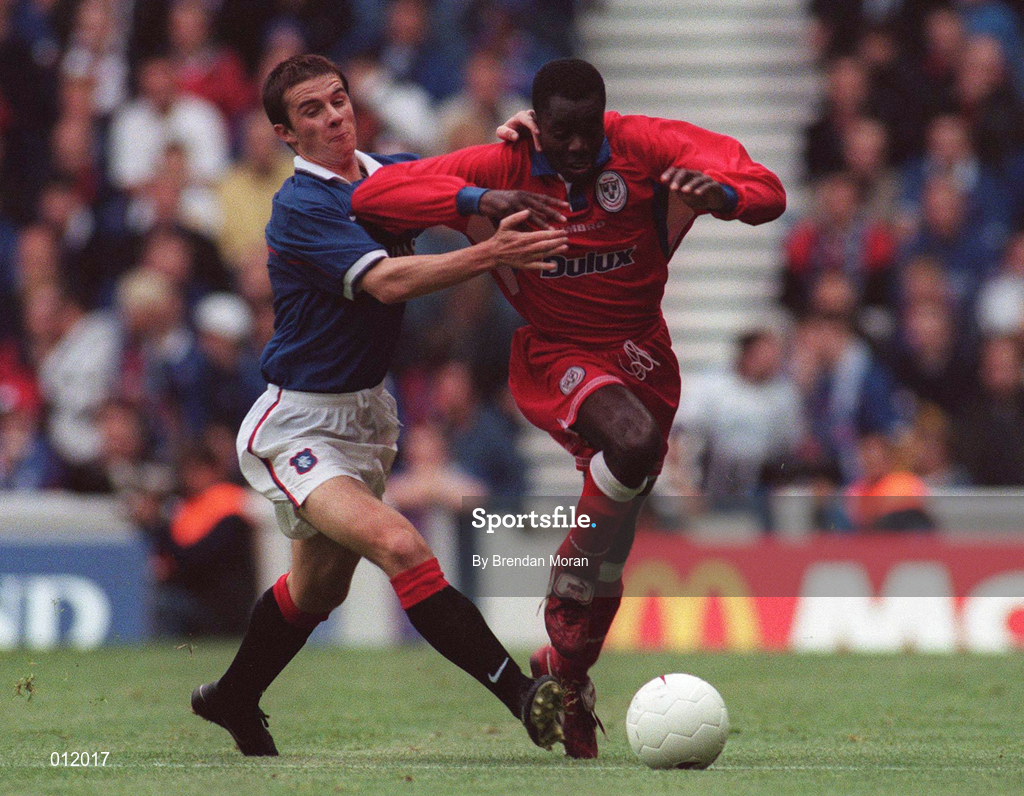 29 July 1998; Mark Rutherford of Shelbourne in action against Barry Ferguson of Rangers during the UEFA Cup First Qualifying Round 2nd Leg between Rangers and Shelbourne at Ibrox Stadium in Glasgow, Scotland. Photo by Brendan Moran/Sportsfile