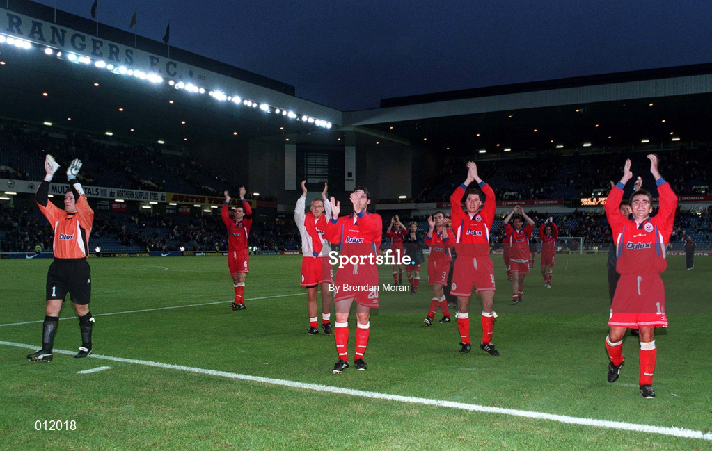 29 July 1998; Shelbourne players applauds the supporters following the UEFA Cup First Qualifying Round 2nd Leg between Rangers and Shelbourne at Ibrox Stadium in Glasgow, Scotland. Photo by Brendan Moran/Sportsfile