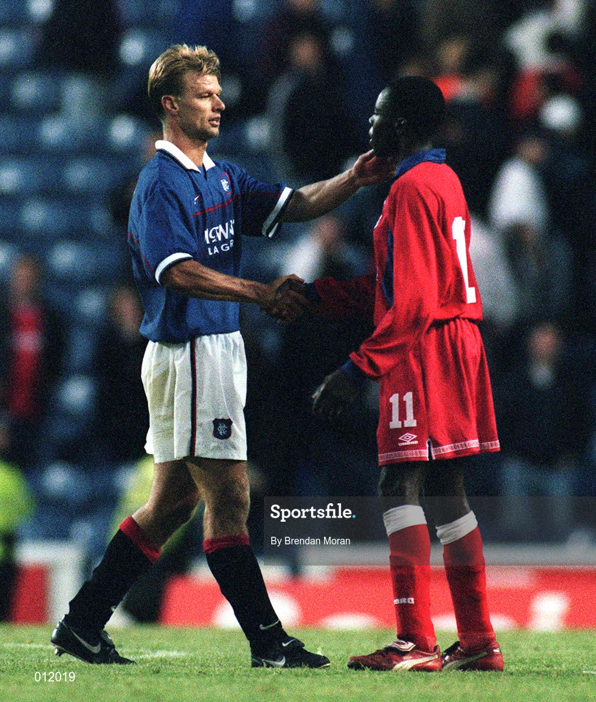 29 July 1998; Artur Numan of Rangers shakes hands with Mark Rutherford of Shelbourne following the UEFA Cup First Qualifying Round 2nd Leg between Rangers and Shelbourne at Ibrox Stadium in Glasgow, Scotland. Photo by Brendan Moran/Sportsfile