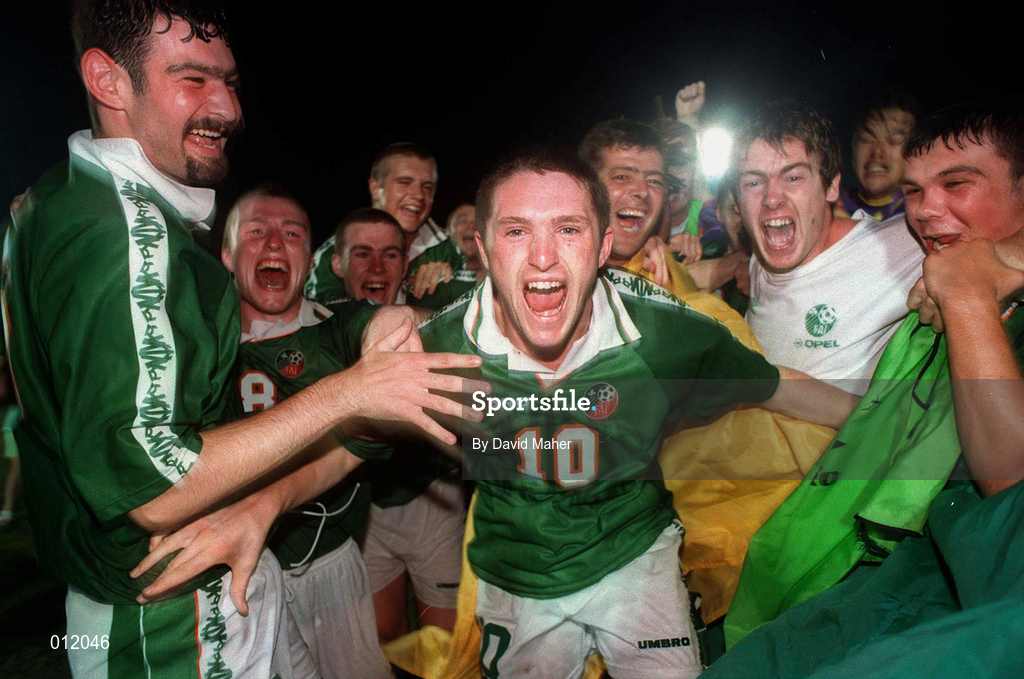 23 July 1998; Robbie Keane, 10, celebrates with his Republic of Ireland teammates after the final whistle of the UEFA European Under-18 Championship Group B match between Republic of Ireland and Cyprus at Municipal Stadium in Ayia Napa, Cyprus. Photo by David Maher/Sportsfile