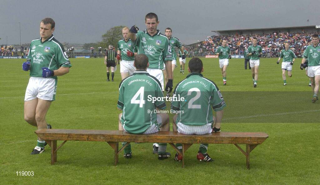 20 July 2003; Limerick's John Gavin points to his teammates to turn around for the team photograph. Bank of Ireland Senior Football Championship qualifier, Limerick v Armagh, Dr Hyde Park, Roscommon. Picture credit; Damien Eagers / SPORTSFILE *EDI*