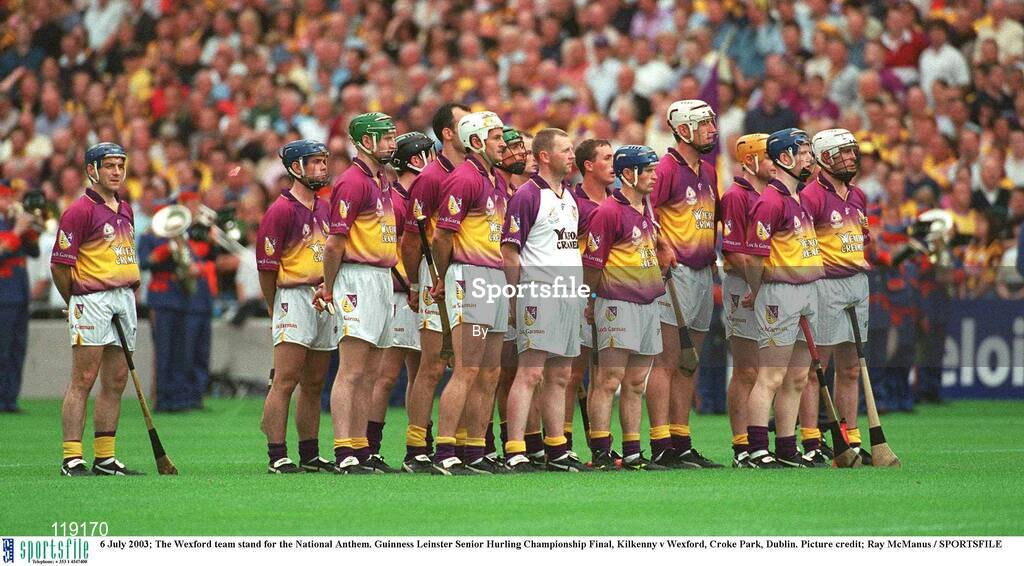 6 July 2003; The Wexford team stand for the National Anthem. Guinness Leinster Senior Hurling Championship Final, Kilkenny v Wexford, Croke Park, Dublin. Picture credit; Ray McManus / SPORTSFILE