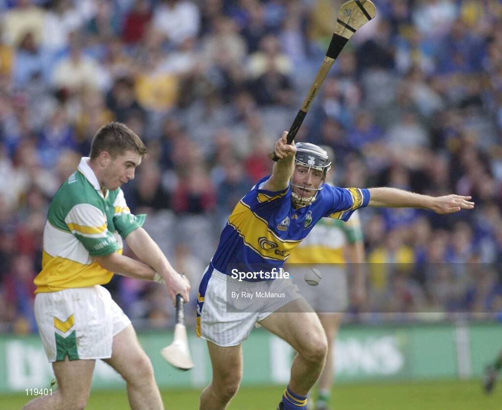 27 July 2003; Michael Cordial of Offaly in action against Mark O'Leary of Tipperary during the Guinness All-Ireland Senior Hurling Championship Quarter Final match between Offaly and Tipperary at Croke Park in Dublin. Photo by Ray McManus/Sportsfile