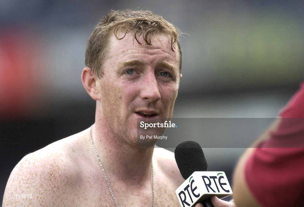 27 July 2003; Brian Whelahan of Offaly is interviewed by RTE after his side's defeat in the Guinness All-Ireland Senior Hurling Championship Quarter Final match between Offaly and Tipperary at Croke Park in Dublin. Photo by Pat Murphy / Sportsfile