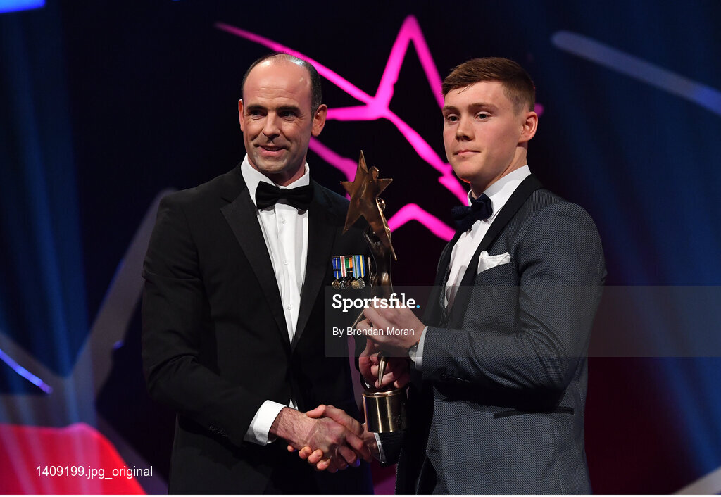 3 November 2017; Young Player of the Year Con O'Callaghan of Dublin with Dermot Earley GPA Chief Executive during the PwC All Stars 2017 at the Convention Centre in Dublin. Photo by Brendan Moran/Sportsfile