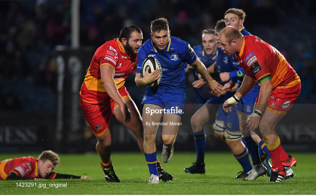 24 November 2017; Jordan Larmour of Leinster breaks through the Dragons defence to set up his side's eight try during the Guinness PRO14 Round 9 match between Leinster and Dragons at the RDS Arena in Dublin. Photo by Brendan Moran/Sportsfile