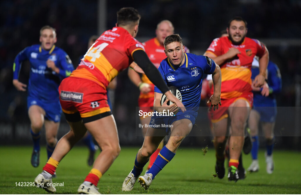 24 November 2017; Jordan Larmour of Leinster breaks through the Dragons defence to set up his side's eight try during the Guinness PRO14 Round 9 match between Leinster and Dragons at the RDS Arena in Dublin. Photo by Brendan Moran/Sportsfile