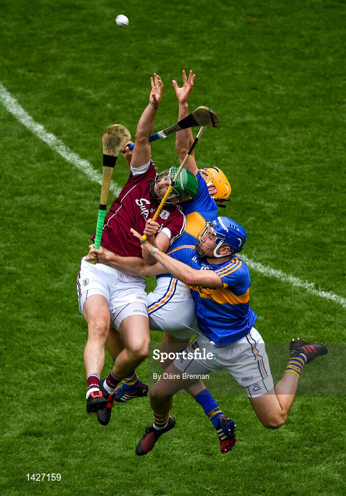 6 August 2017; Adrian Tuohy of Galway in action against Séamus Callanan, left, and John McGrath of Tipperary during the GAA Hurling All-Ireland Senior Championship Semi-Final match between Galway and Tipperary at Croke Park in Dublin. Photo by Daire Brennan/Sportsfile