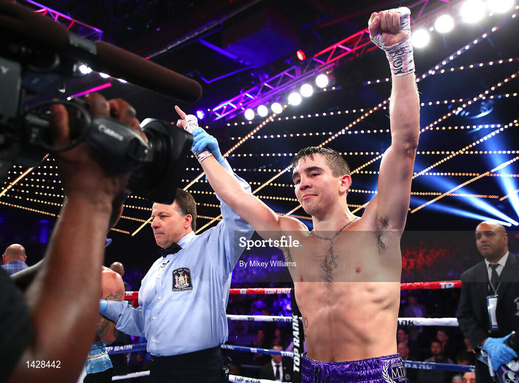 9 December 2017; Michael Conlan celebrates defeating Luis Fernando Molina in their featherweight bout at The Theater at Madison Square Garden in New York, USA. Photo by Mikey Williams/Top Rank/Sportsfile