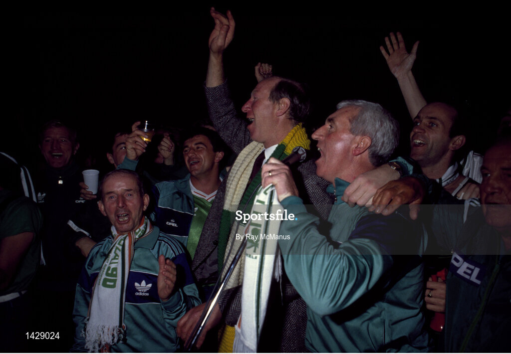 15 November 1989; Republic of Ireland manager Jack Charlton celebrates kit man Charlie O'Leary, left, and physio Mick Byrne, right, qualification for the World Cup after the FIFA World Cup Qualifying match between Matla and Republic of Ireland at the Ta'Qali Stadium in Valetta, Malta. Photo by Ray McManus/Sportsfile