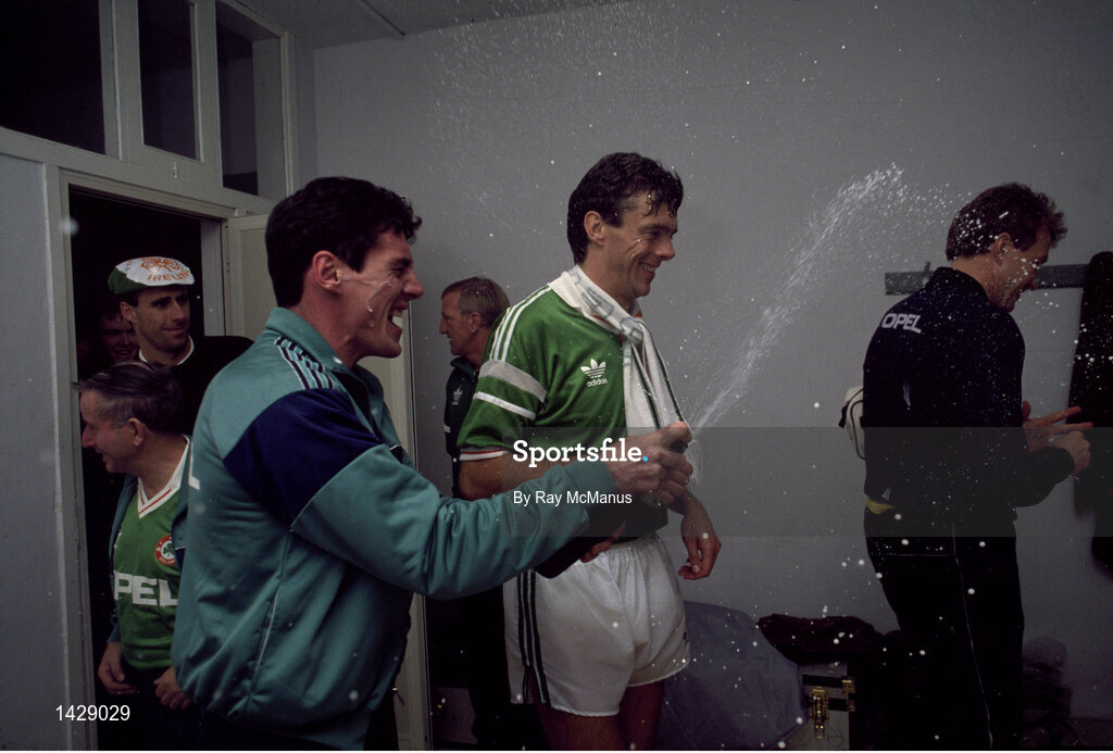 15 November 1989; Frank Stapleton, left, and David O'Leary of Republic of Ireland celebrate qualification for the World Cup after the FIFA World Cup Qualifying match between Matla and Republic of Ireland at the Ta'Qali Stadium in Valetta, Malta. Photo by Ray McManus/Sportsfile