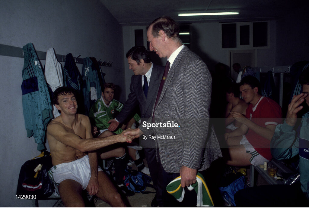 15 November 1989; David O'Leary of Republic of Ireland, left, and manager Jack Charlton celebrate qualification for the World Cup after the FIFA World Cup Qualifying match between Matla and Republic of Ireland at the Ta'Qali Stadium in Valetta, Malta. Photo by Ray McManus/Sportsfile