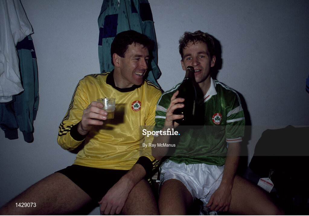 15 November 1989; Packie Bonner, left, and Chris Morris of Republic of Ireland celebrate qualification for the World Cup after the FIFA World Cup Qualifying match between Matla and Republic of Ireland at the Ta'Qali Stadium in Valetta, Malta. Photo by Ray McManus/Sportsfile