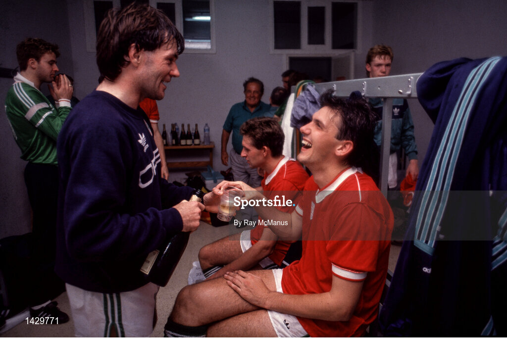 15 November 1989; Ray Houghton, left, and Tony Cascarino of Republic of Ireland celebrate qualification for the World Cup after the FIFA World Cup Qualifying match between Matla and Republic of Ireland at the Ta'Qali Stadium in Valetta, Malta. Photo by Ray McManus/Sportsfile