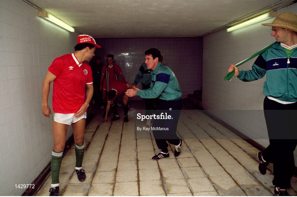 15 November 1989; Republic of Ireland team-mates, from left, Paul McGrath, Frank Stapleton, and Niall Quinn, celebrate after the match. Republic of Ireland v Malta. World Cup Qualifier. Republic of Ireland v Malta. Photo by Ray McManus / SPORTSFILE