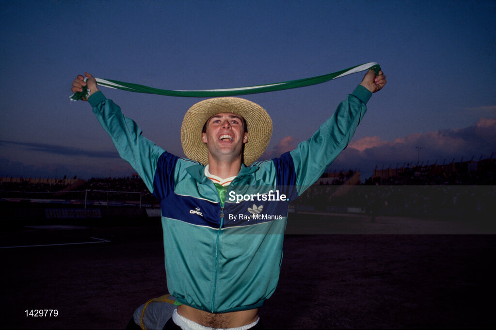 15 November 1989; Niall Quinn of Republic of Ireland celebrates qualification for the World Cup after the FIFA World Cup Qualifying match between Matla and Republic of Ireland at the Ta'Qali Stadium in Valetta, Malta. Photo by Ray McManus/Sportsfile
