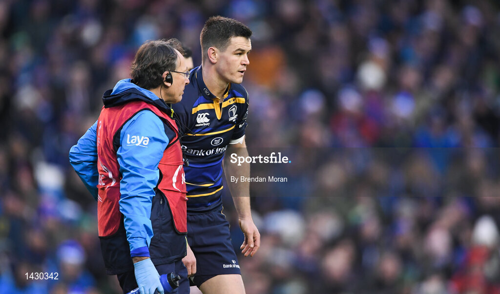 16 December 2017; Jonathan Sexton of Leinster with Leinster team doctor Prof John Ryan before leaving the pitch during the European Rugby Champions Cup Pool 3 Round 4 match between Leinster and Exeter Chiefs at the Aviva Stadium in Dublin. Photo by Brendan Moran/Sportsfile