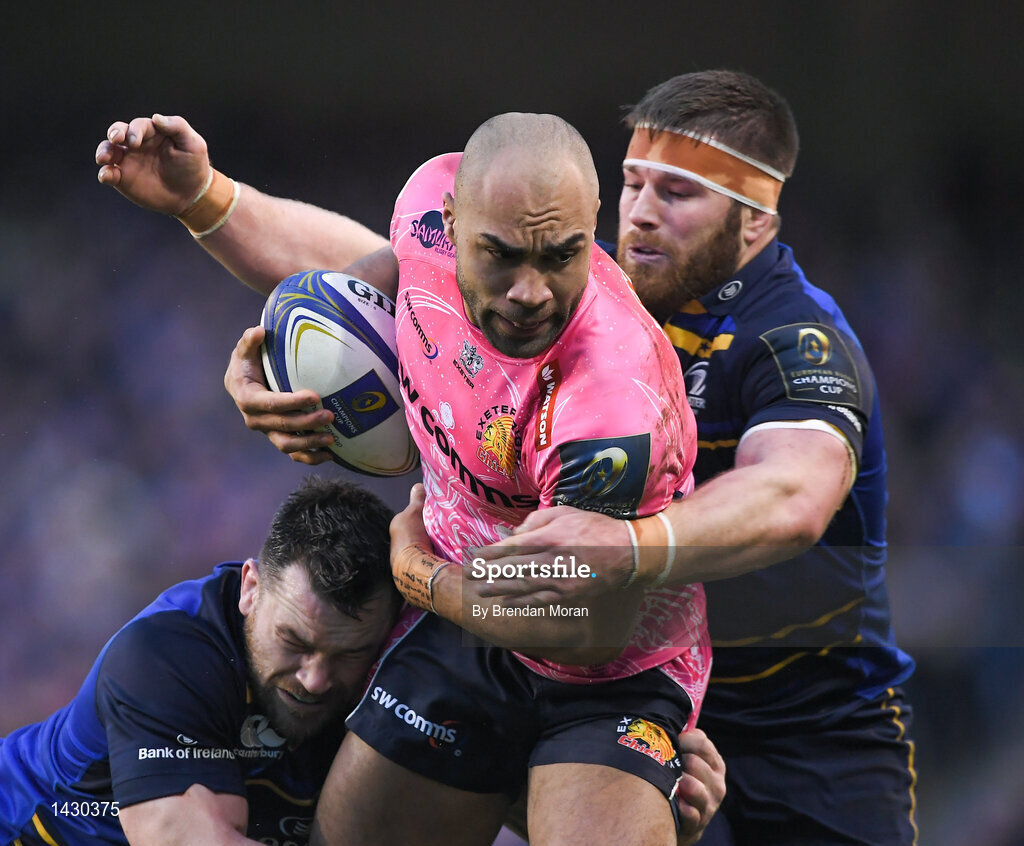 16 December 2017; Olly Woodburn of Exeter Chiefs is tackled by Cian Healy, left, and Sean O'Brien of Leinster during the European Rugby Champions Cup Pool 3 Round 4 match between Leinster and Exeter Chiefs at the Aviva Stadium in Dublin. Photo by Brendan Moran/Sportsfile