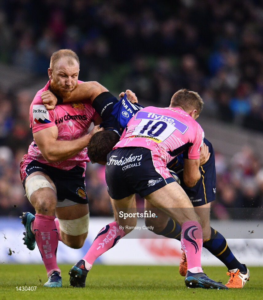 16 December 2017; Sean Cronin of Leinster is tackled by Matt Kvesic, left, and Gareth Steenson of Exeter Chiefs during the European Rugby Champions Cup Pool 3 Round 4 match between Leinster and Exeter Chiefs at the Aviva Stadium in Dublin. Photo by Ramsey Cardy/Sportsfile